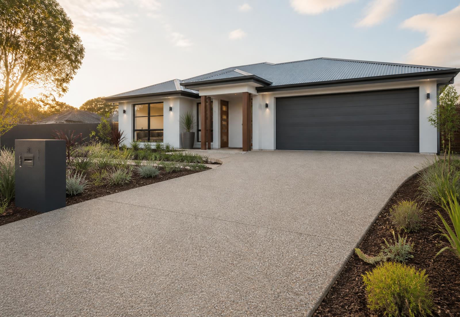 Exposed aggregate concrete driveway and landscaped garden at a Melbourne home